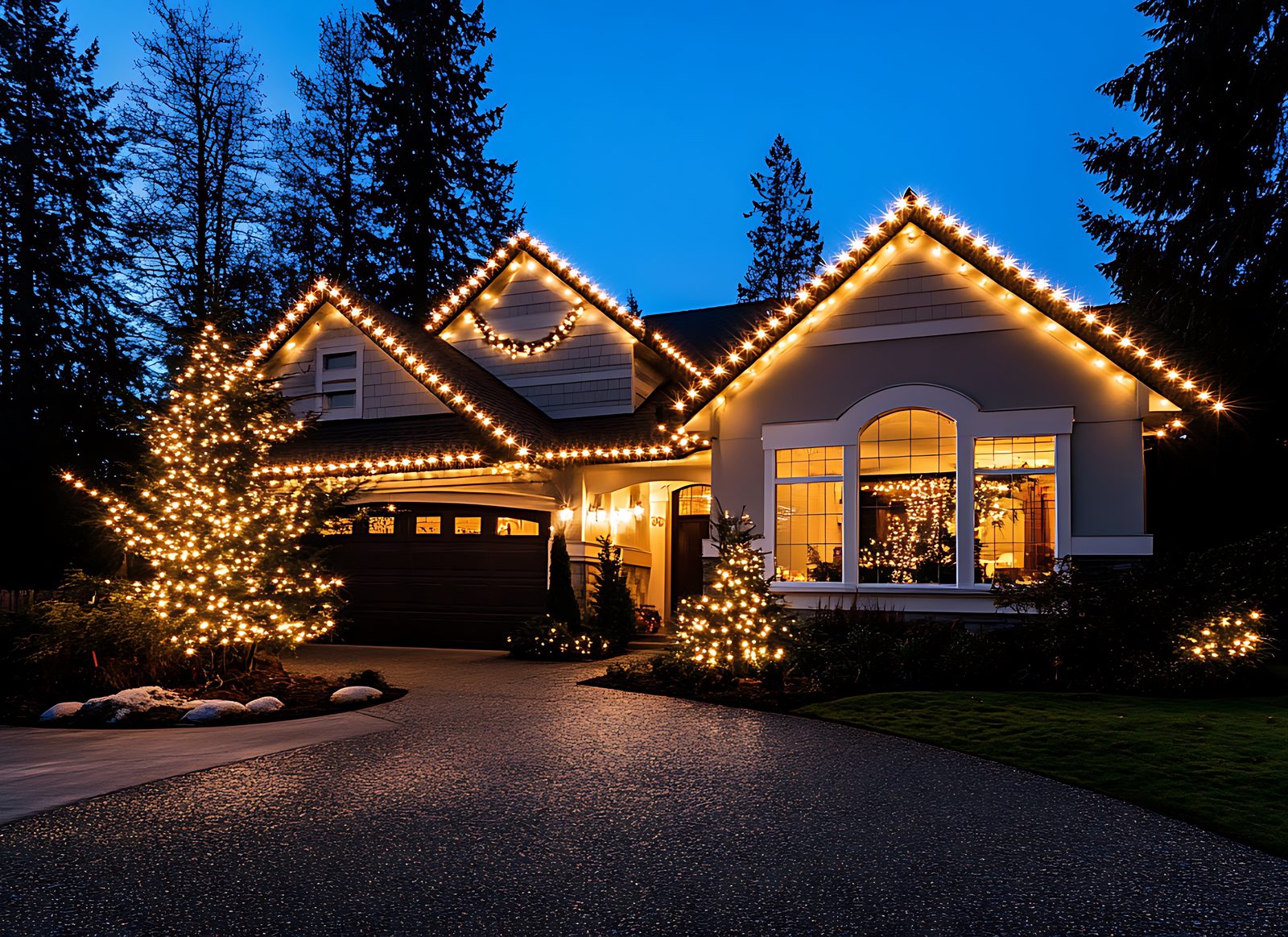 A home with professionally installed Christmas lights along the rooflines and trees at dusk